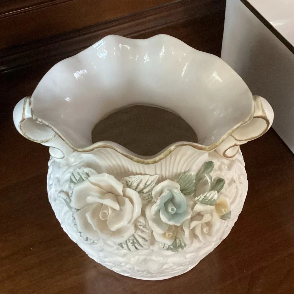Vintage White Ceramic Rose Embossed Decorative‎ Vase with Handles
